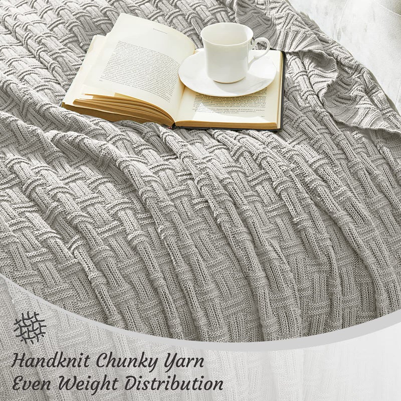 TREELY 100% Cotton Knitted Throw Blanket Couch Cover Blanket(50 x 60 Inches, Light Grey) - Image 5